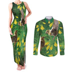 Bellbird New Zealand Personalised Couples Matching Tank Maxi Dress and Long Sleeve Button Shirt Kowhai Flower Maori Pattern