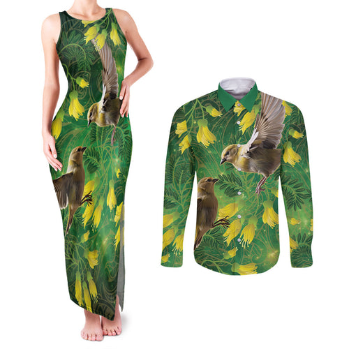 Bellbird New Zealand Personalised Couples Matching Tank Maxi Dress and Long Sleeve Button Shirt Kowhai Flower Maori Pattern
