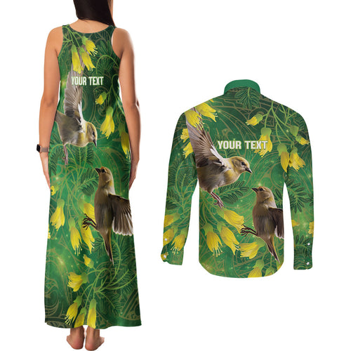 Bellbird New Zealand Personalised Couples Matching Tank Maxi Dress and Long Sleeve Button Shirt Kowhai Flower Maori Pattern