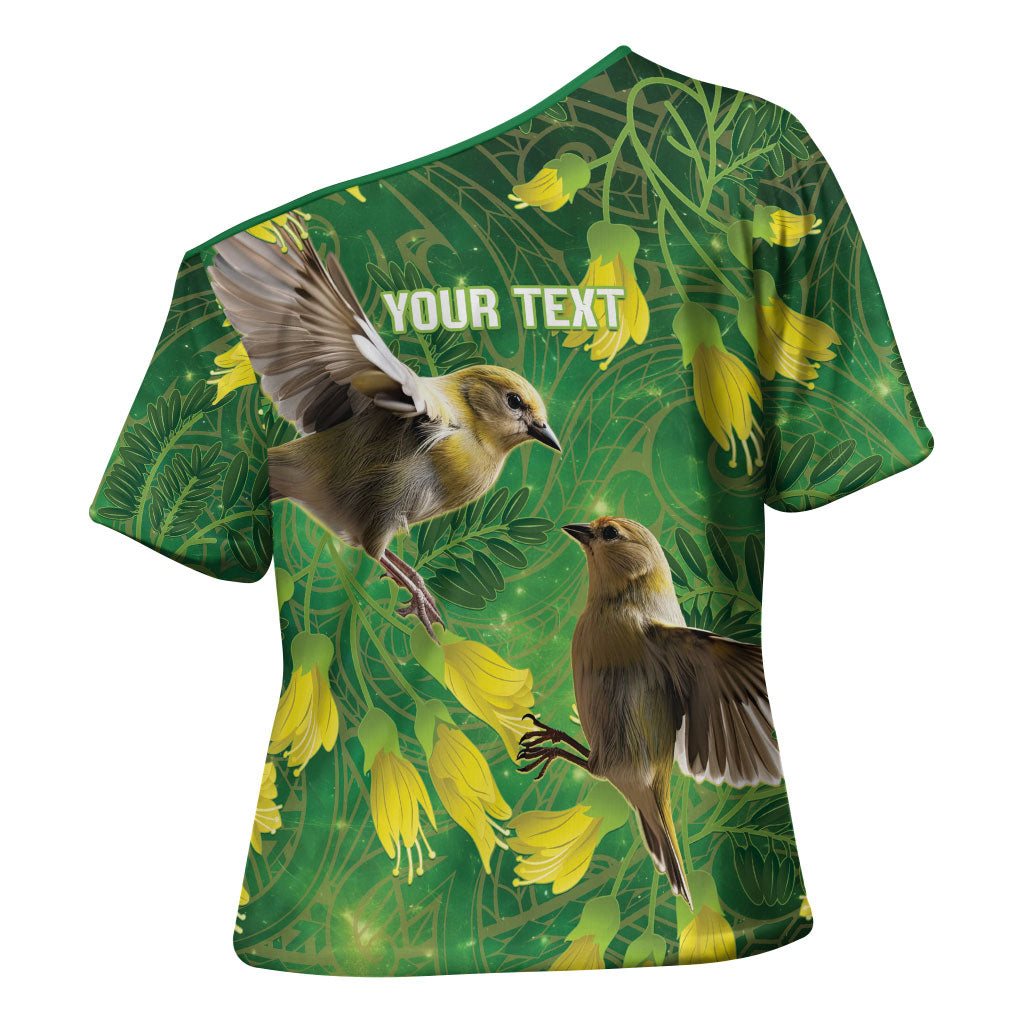 Bellbird New Zealand Personalised Cross Shoulder Shirt Kowhai Flower Maori Pattern