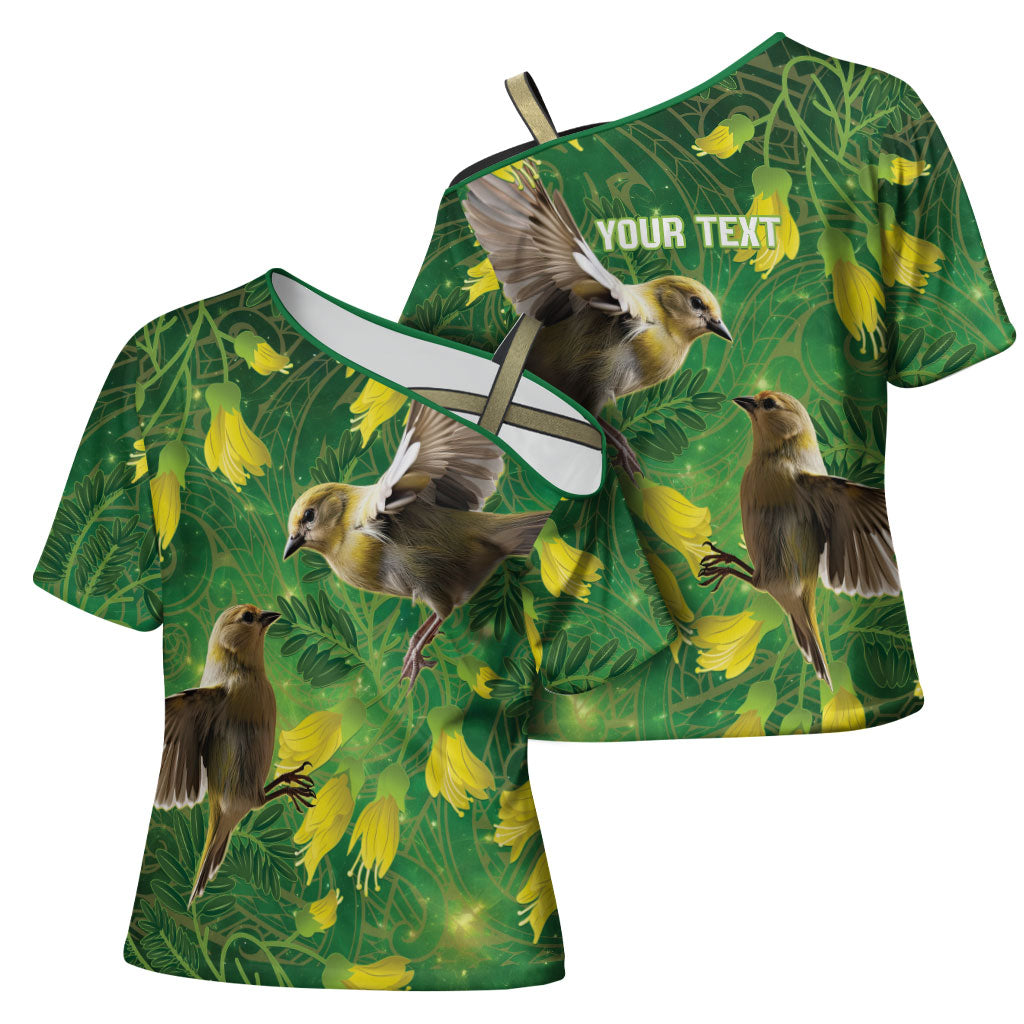 Bellbird New Zealand Personalised Cross Shoulder Shirt Kowhai Flower Maori Pattern