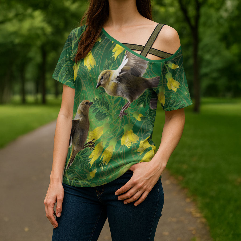 Bellbird New Zealand Personalised Cross Shoulder Shirt Kowhai Flower Maori Pattern