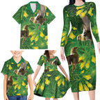 Bellbird New Zealand Personalised Family Matching Long Sleeve Bodycon Dress and Hawaiian Shirt Kowhai Flower Maori Pattern