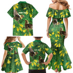 Bellbird New Zealand Personalised Family Matching Mermaid Dress and Hawaiian Shirt Kowhai Flower Maori Pattern