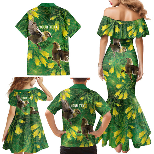 Bellbird New Zealand Personalised Family Matching Mermaid Dress and Hawaiian Shirt Kowhai Flower Maori Pattern