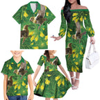 Bellbird New Zealand Personalised Family Matching Off The Shoulder Long Sleeve Dress and Hawaiian Shirt Kowhai Flower Maori Pattern