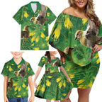 Bellbird New Zealand Personalised Family Matching Off Shoulder Short Dress and Hawaiian Shirt Kowhai Flower Maori Pattern