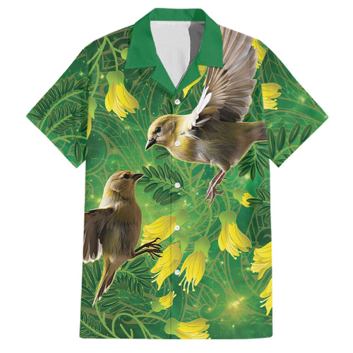 Bellbird New Zealand Personalised Family Matching Off Shoulder Short Dress and Hawaiian Shirt Kowhai Flower Maori Pattern