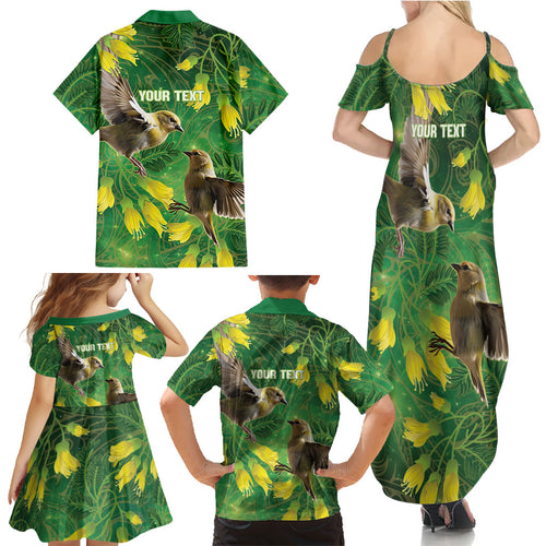 Bellbird New Zealand Personalised Family Matching Summer Maxi Dress and Hawaiian Shirt Kowhai Flower Maori Pattern