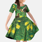 Bellbird New Zealand Personalised Kid Short Sleeve Dress Kowhai Flower Maori Pattern