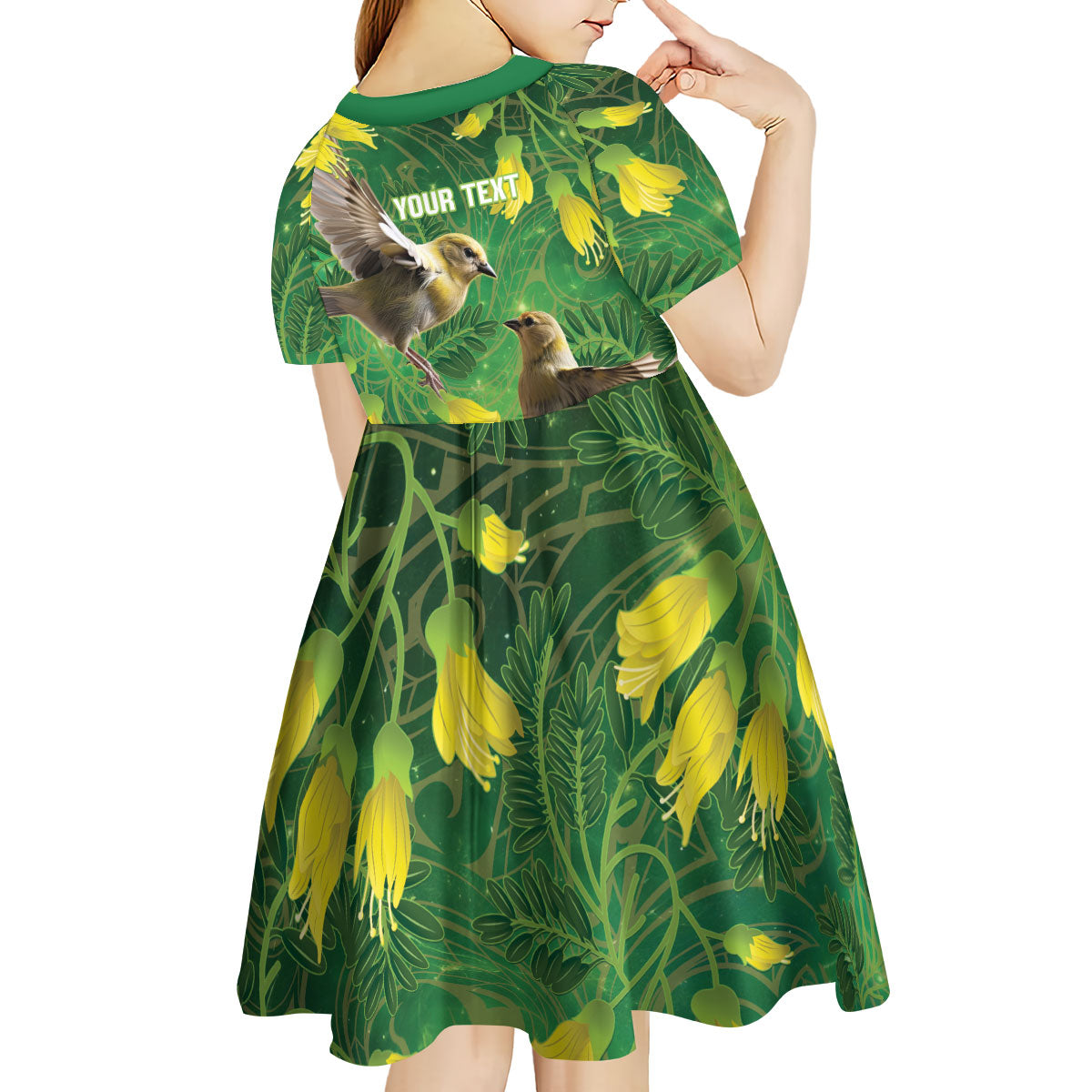Bellbird New Zealand Personalised Kid Short Sleeve Dress Kowhai Flower Maori Pattern