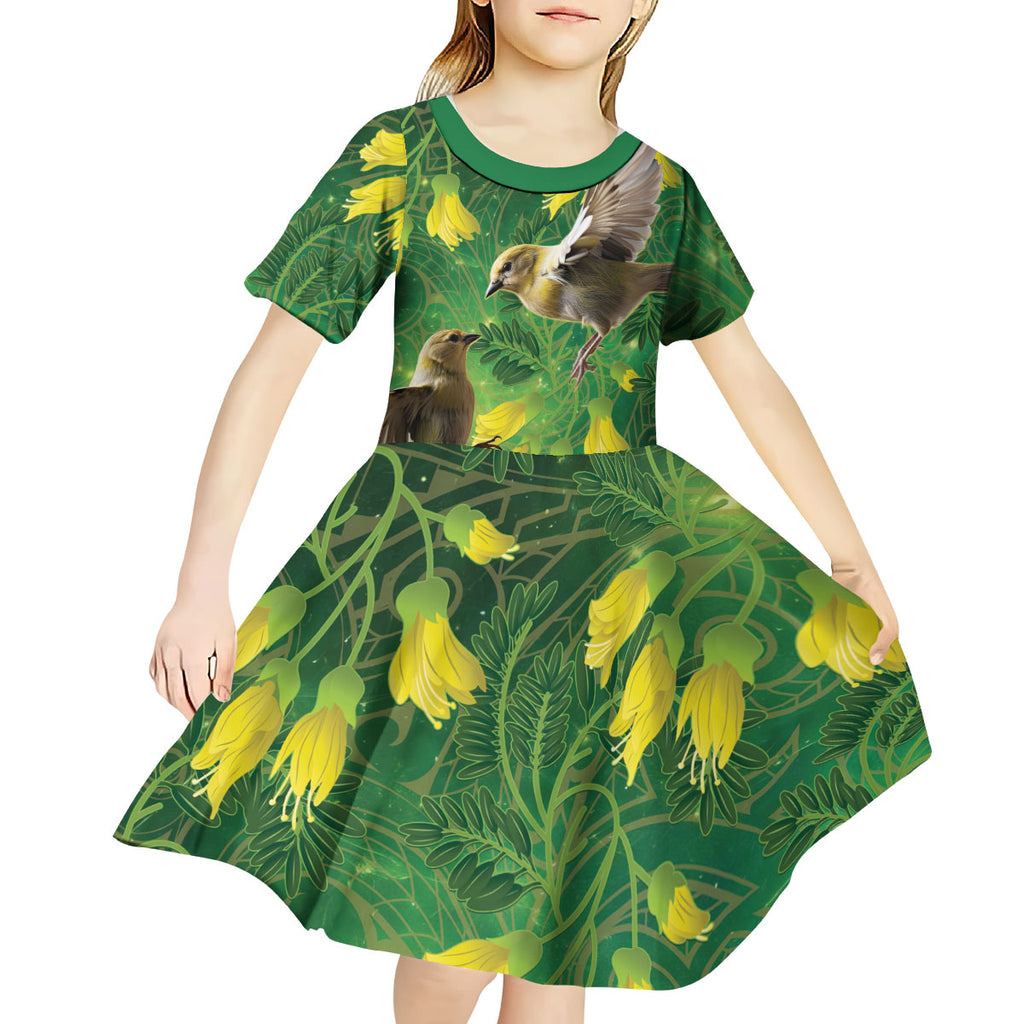 Bellbird New Zealand Personalised Kid Short Sleeve Dress Kowhai Flower Maori Pattern