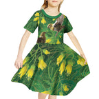 Bellbird New Zealand Personalised Kid Short Sleeve Dress Kowhai Flower Maori Pattern