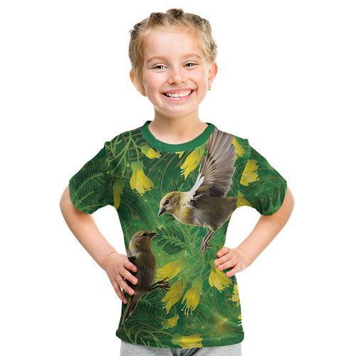 Bellbird New Zealand Personalised Kid T Shirt Kowhai Flower Maori Pattern