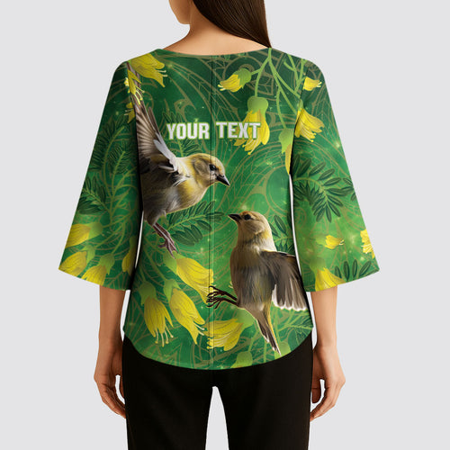 Bellbird New Zealand Personalised Kimono Sleeve Blouse Kowhai Flower Maori Pattern