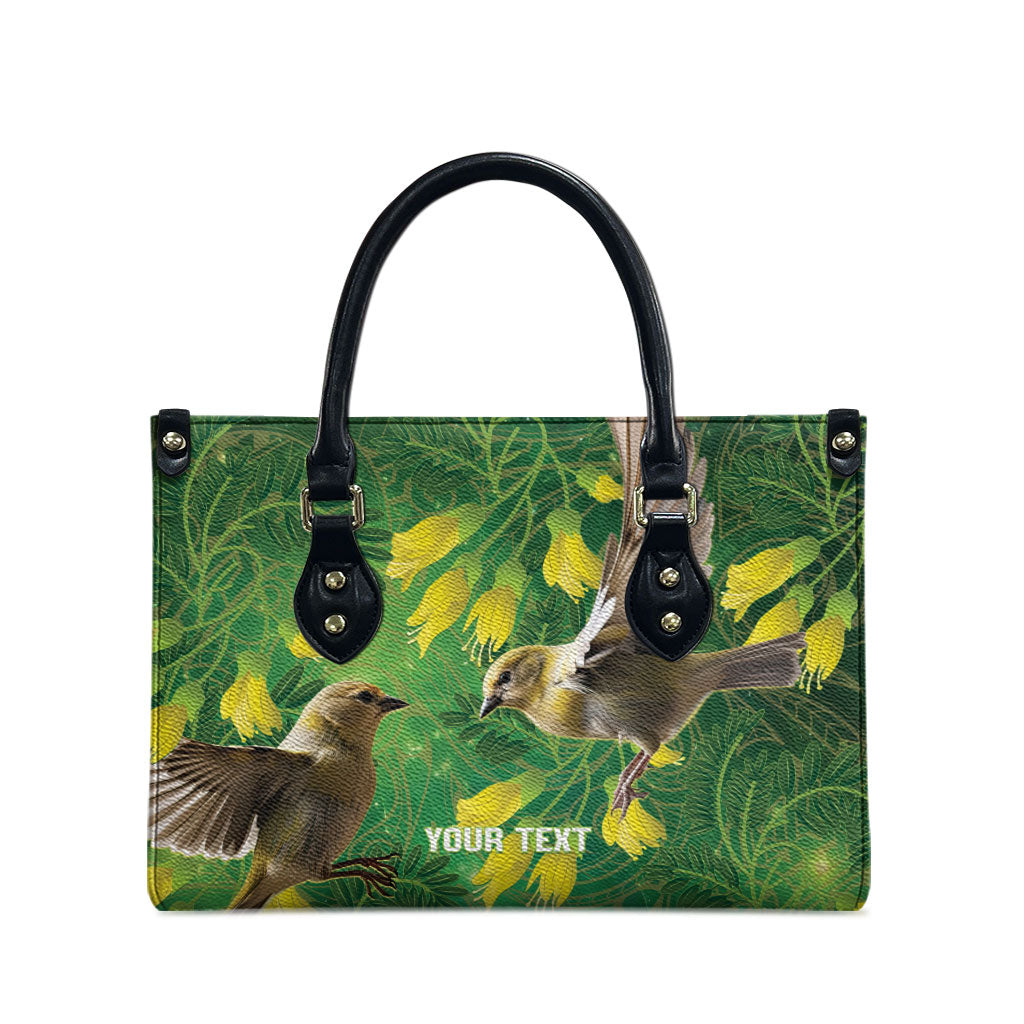 Bellbird New Zealand Personalised Leather Bag Kowhai Flower Maori Pattern