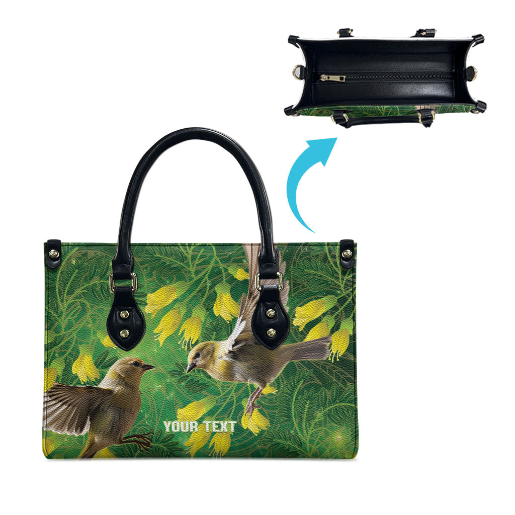 Bellbird New Zealand Personalised Leather Bag Kowhai Flower Maori Pattern