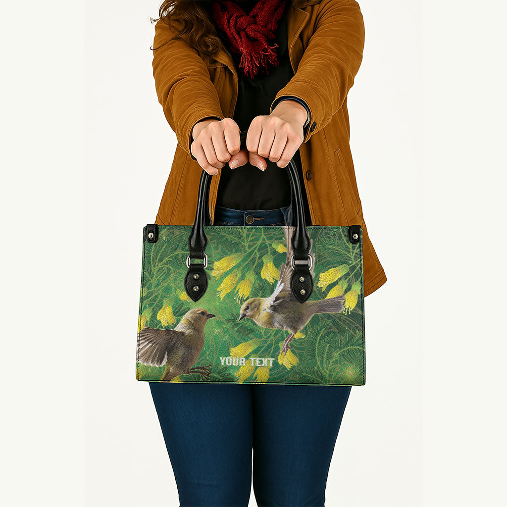 Bellbird New Zealand Personalised Leather Bag Kowhai Flower Maori Pattern
