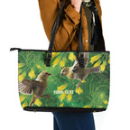 Bellbird New Zealand Personalised Leather Tote Bag Kowhai Flower Maori Pattern