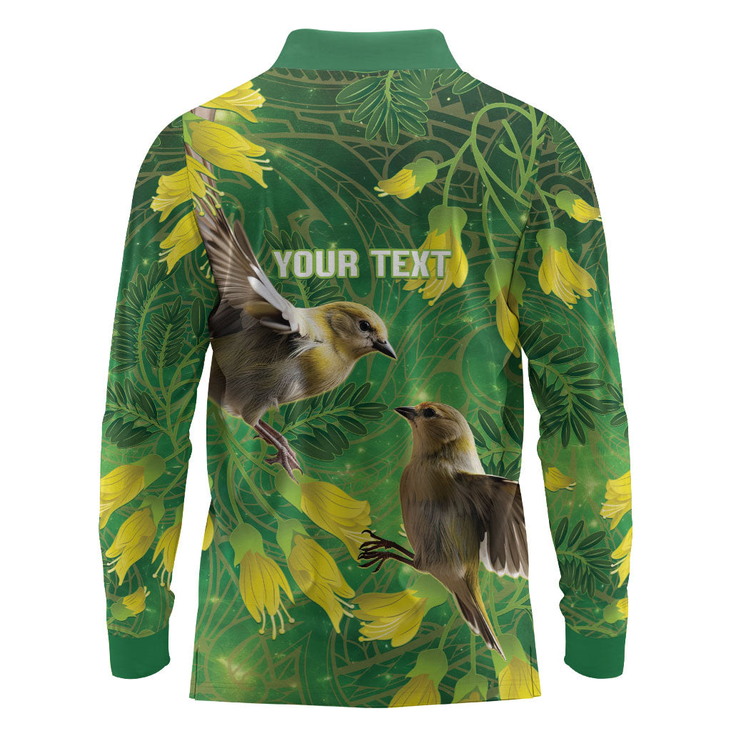 Bellbird New Zealand Personalised Long Sleeve Polo Shirt Kowhai Flower Maori Pattern