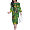 Bellbird New Zealand Personalised Off The Shoulder Long Sleeve Dress Kowhai Flower Maori Pattern