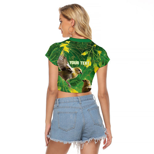 Bellbird New Zealand Personalised Raglan Cropped T Shirt Kowhai Flower Maori Pattern