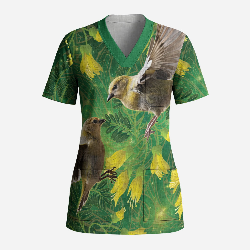 Bellbird New Zealand Personalised Scrub Top Kowhai Flower Maori Pattern