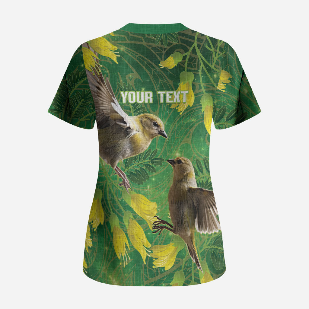 Bellbird New Zealand Personalised Scrub Top Kowhai Flower Maori Pattern