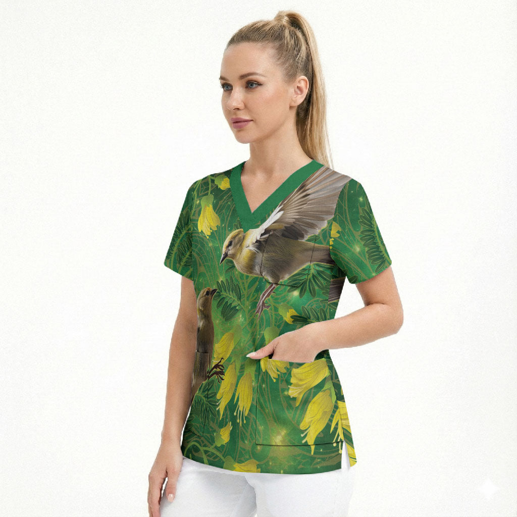 Bellbird New Zealand Personalised Scrub Top Kowhai Flower Maori Pattern