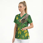 Bellbird New Zealand Personalised Scrub Top Kowhai Flower Maori Pattern