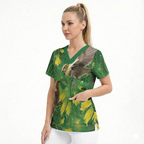 Bellbird New Zealand Personalised Scrub Top Kowhai Flower Maori Pattern