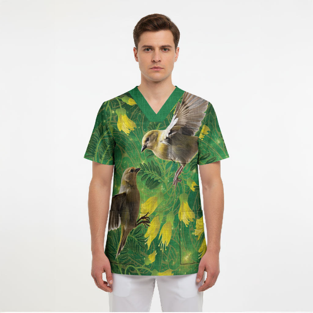 Bellbird New Zealand Personalised Scrub Top Kowhai Flower Maori Pattern
