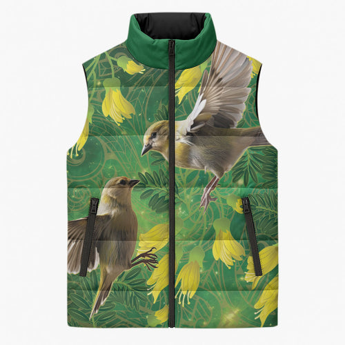 Bellbird New Zealand Personalised Sleeveless Puffer Jacket Kowhai Flower Maori Pattern