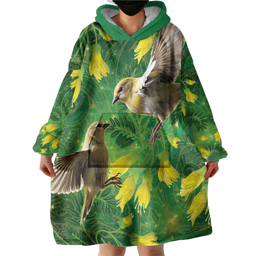 Bellbird New Zealand Personalised Wearable Blanket Hoodie Kowhai Flower Maori Pattern