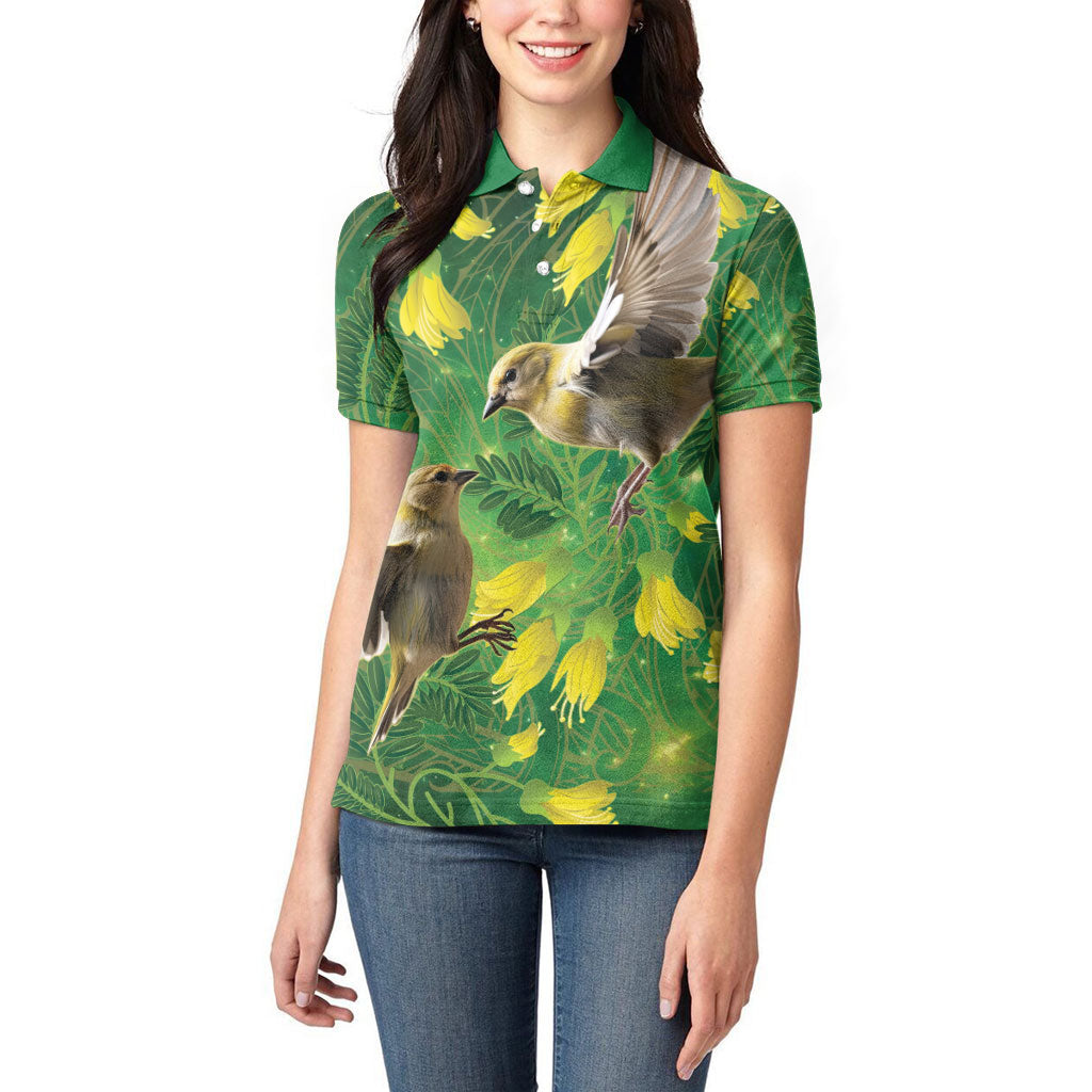Bellbird New Zealand Personalised Women Polo Shirt Kowhai Flower Maori Pattern