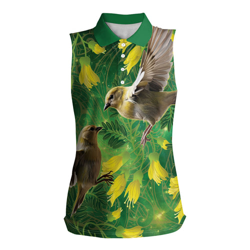 Bellbird New Zealand Personalised Women Sleeveless Polo Shirt Kowhai Flower Maori Pattern