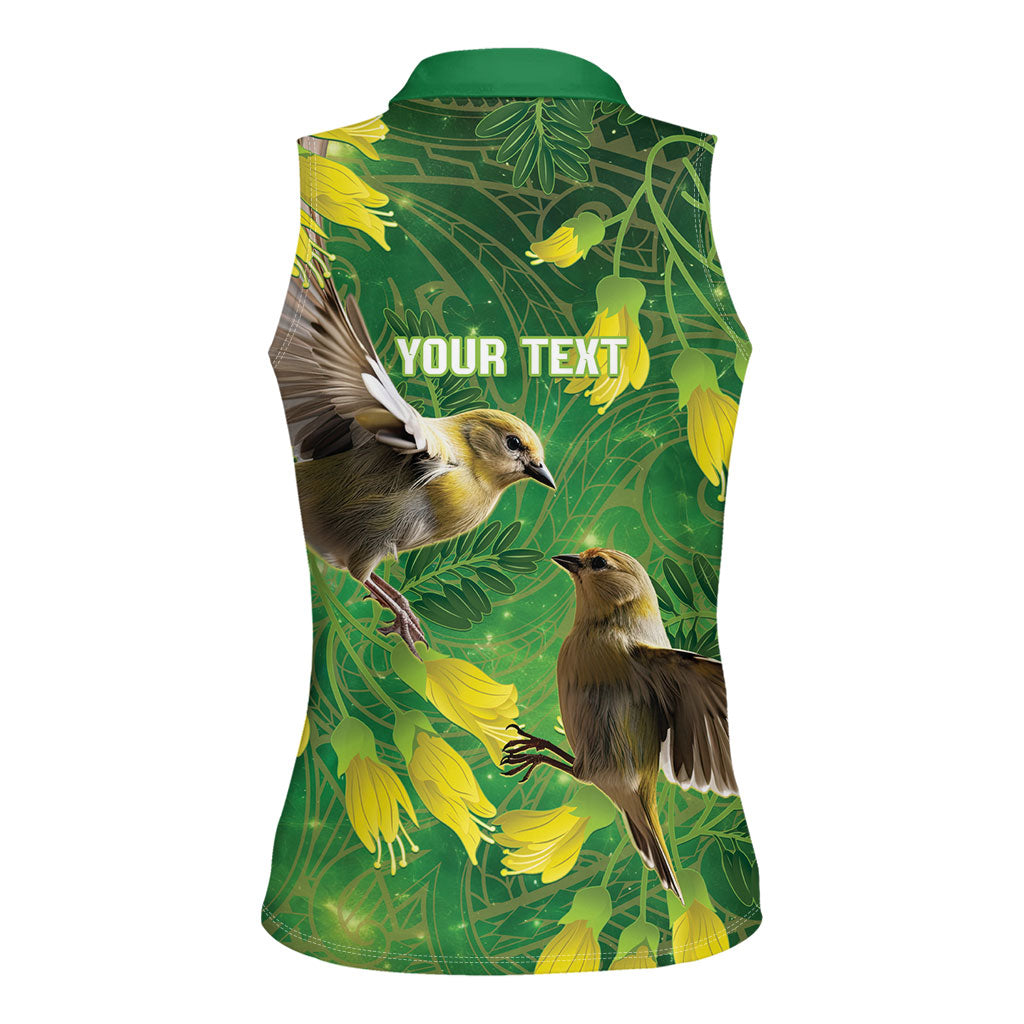 Bellbird New Zealand Personalised Women Sleeveless Polo Shirt Kowhai Flower Maori Pattern