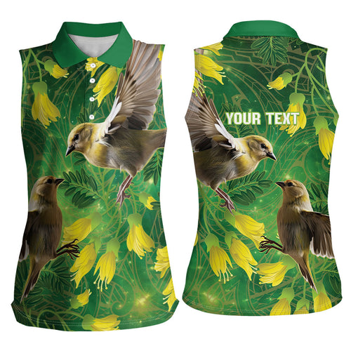 Bellbird New Zealand Personalised Women Sleeveless Polo Shirt Kowhai Flower Maori Pattern