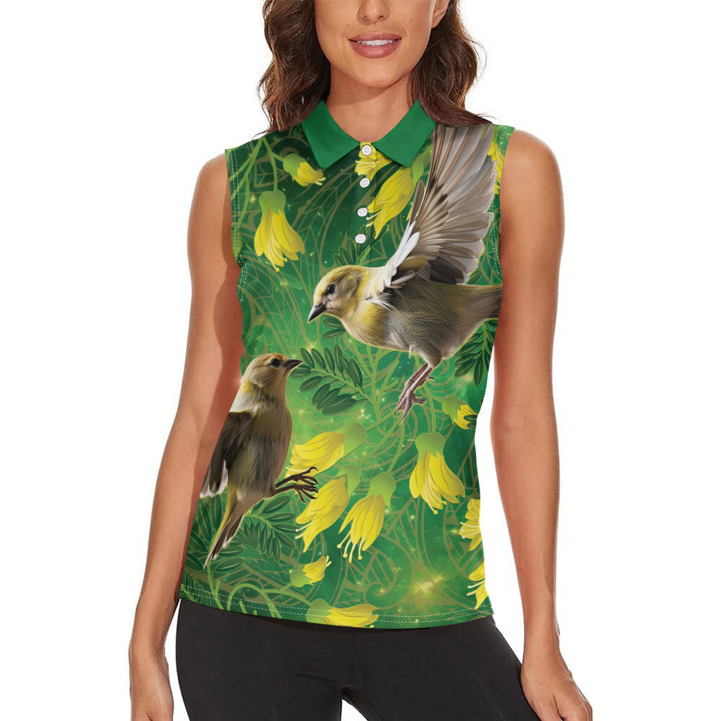 Bellbird New Zealand Personalised Women Sleeveless Polo Shirt Kowhai Flower Maori Pattern