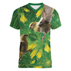 Bellbird New Zealand Personalised Women V-Neck T-Shirt Kowhai Flower Maori Pattern