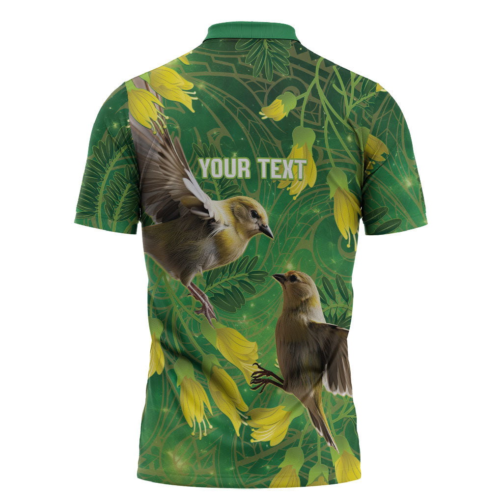 Bellbird New Zealand Personalised Zipper Polo Shirt Kowhai Flower Maori Pattern