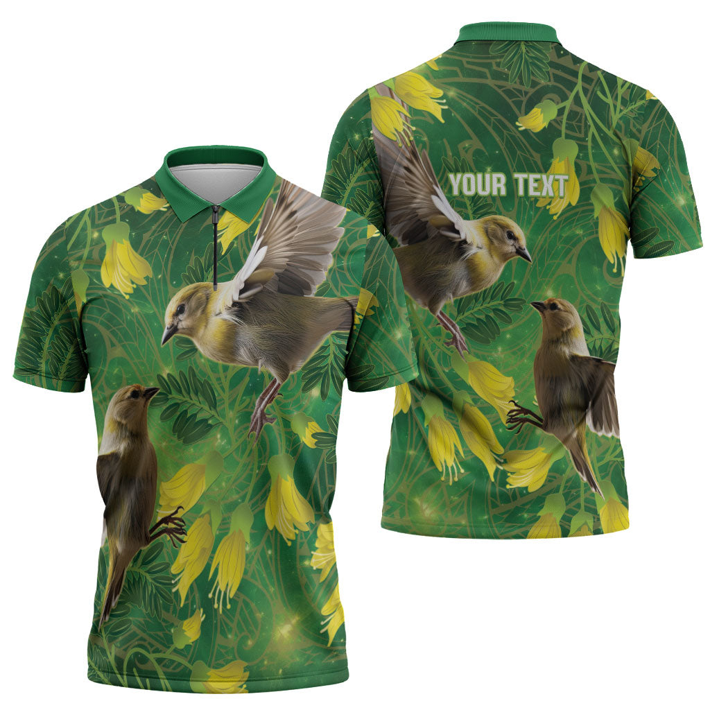 Bellbird New Zealand Personalised Zipper Polo Shirt Kowhai Flower Maori Pattern