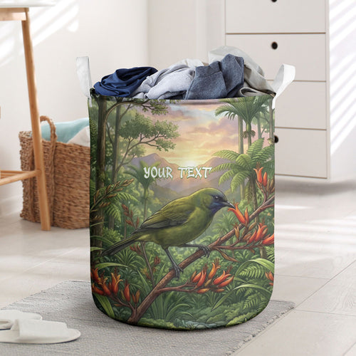 Bellbird New Zealand Personalised Laundry Basket Korimako Harakeke Flower Native Forest