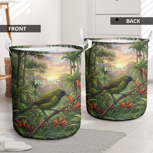 Bellbird New Zealand Personalised Laundry Basket Korimako Harakeke Flower Native Forest