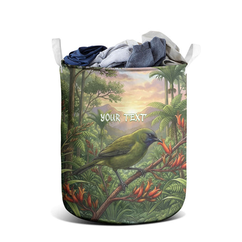Bellbird New Zealand Personalised Laundry Basket Korimako Harakeke Flower Native Forest