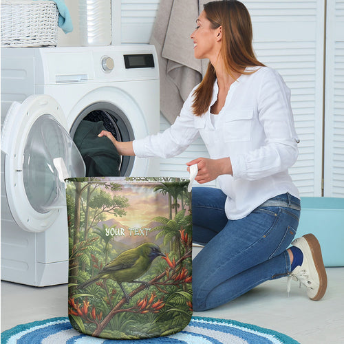 Bellbird New Zealand Personalised Laundry Basket Korimako Harakeke Flower Native Forest