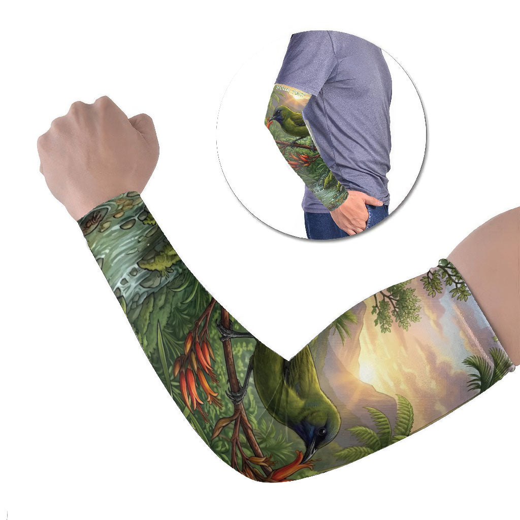 Bellbird New Zealand Personalised Arm Sleeves Korimako Harakeke Flower Native Forest