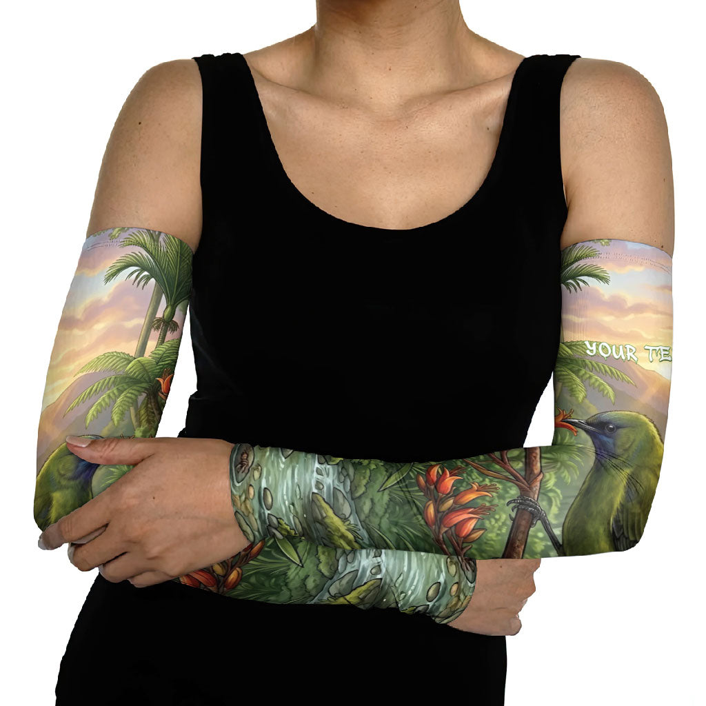 Bellbird New Zealand Personalised Arm Sleeves Korimako Harakeke Flower Native Forest