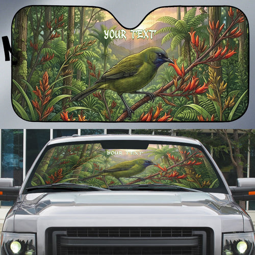 Bellbird New Zealand Personalised Auto Sun Shade Korimako Harakeke Flower Native Forest