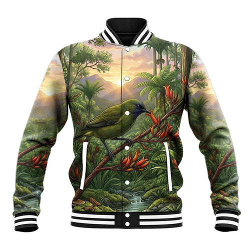 Bellbird New Zealand Personalised Baseball Jacket Korimako Harakeke Flower Native Forest